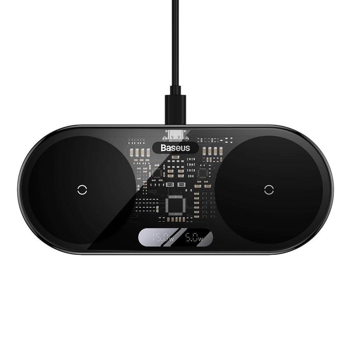 Бездротовий подвійний зарядний пристрій Baseus Digital LED Display з дисплеєм 20 W Black (WXSX010101), фото 1
