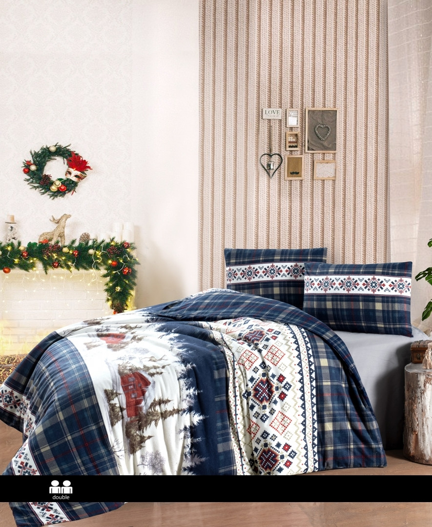 Фланелева постільна білизна First Choice Flannel Nature Navy Blue Новий рік 200х220см