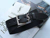 Женский ремень ширина 3.8 см пряжка белое серебро Yves Saint Laurent черный