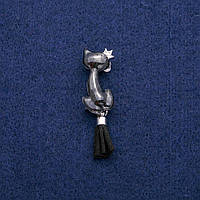 Брошка Котик з емаллю і хвостом пензликом 14х50мм, сріблястий метал купити біжутерію дешево в інтернеті