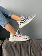 Женские кроссовки Adidas Yeezy 350 Zebra (бело-черные) текстильные лёгкие кроссы ЗЕБРА для спортзала S434