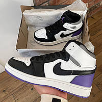 Женские кроссовки Air Jordan Retro1 Black Violet White Leather (бело-черно-фиолетовые) высокие кроссы J0466v
