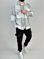 Мужская рубашка в клетку байковая (серая) 2408/10 классная стильная модная и теплая премиум качество для парня