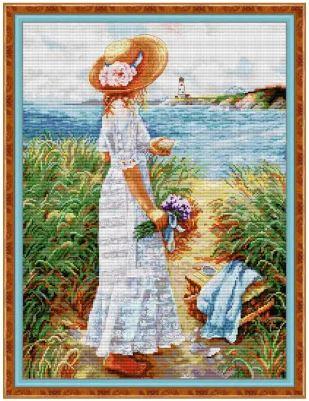 Набір для вишивання за нанесеною на канву схемою "Girl Holding Flowers By The Sea". AIDA 14CT printed 41*52 см