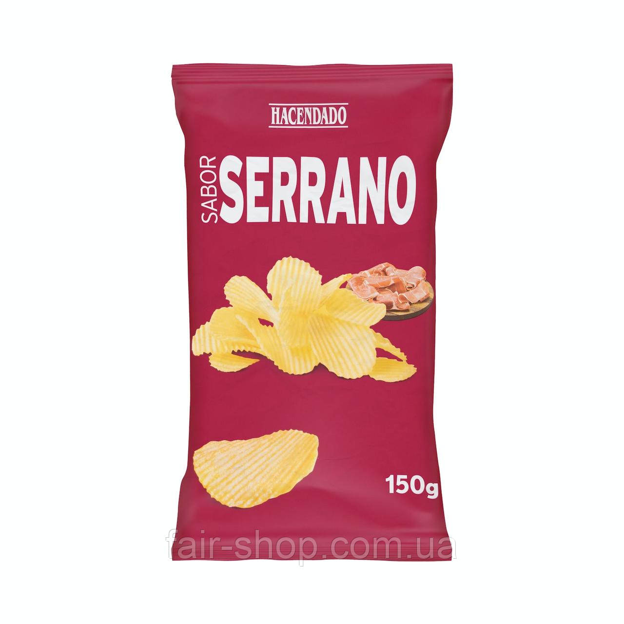 Чіпси Hacendado Wavy serrano ham flavoured potato crisps Hacendado, 150 гр., оригінал. Доставка з США/ЄС протягом 14 днів, фото 1