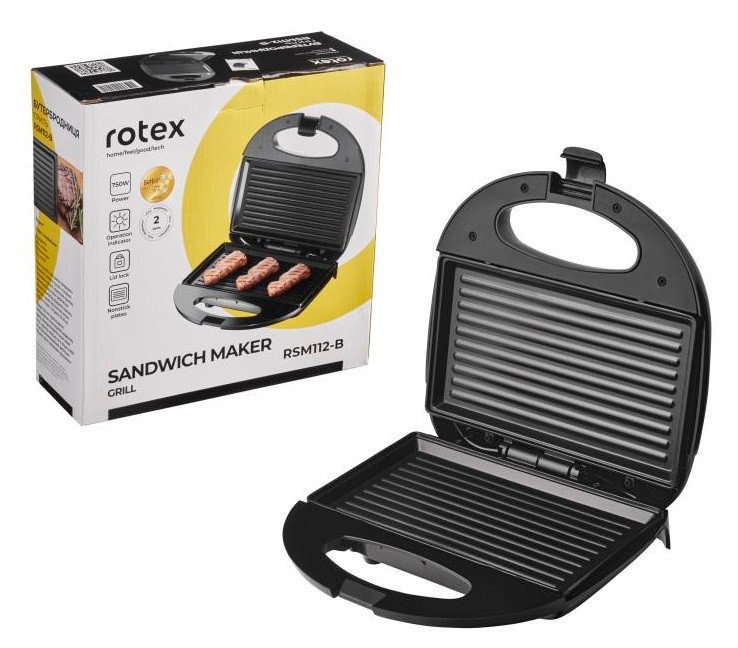 Бутербродниця ROTEX RSM112-B (Мічність 750 W. Пластини для гриля. Антипригарне покриття)
