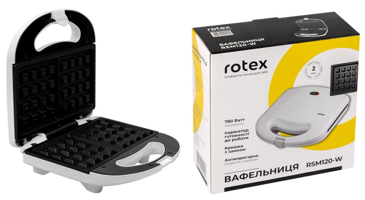 Вафельниця ROTEX RSM120-W (Мічність 780 W. Антипригарне покриття. Індикатор готовності. Кришка з замком)