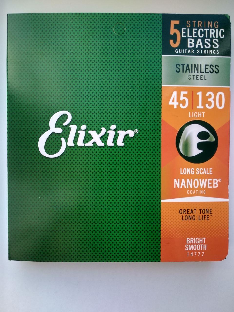 Струни для 5-ти струнної Бас-Гітари Elixir 14777 Nanoweb Coated Stainless Steel Light Electric Bass 5 Strings 45/130