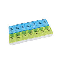Таблетница органайзер для таблеток на 14 ячеек утро вечер 2 раза на день синяя+зеленая