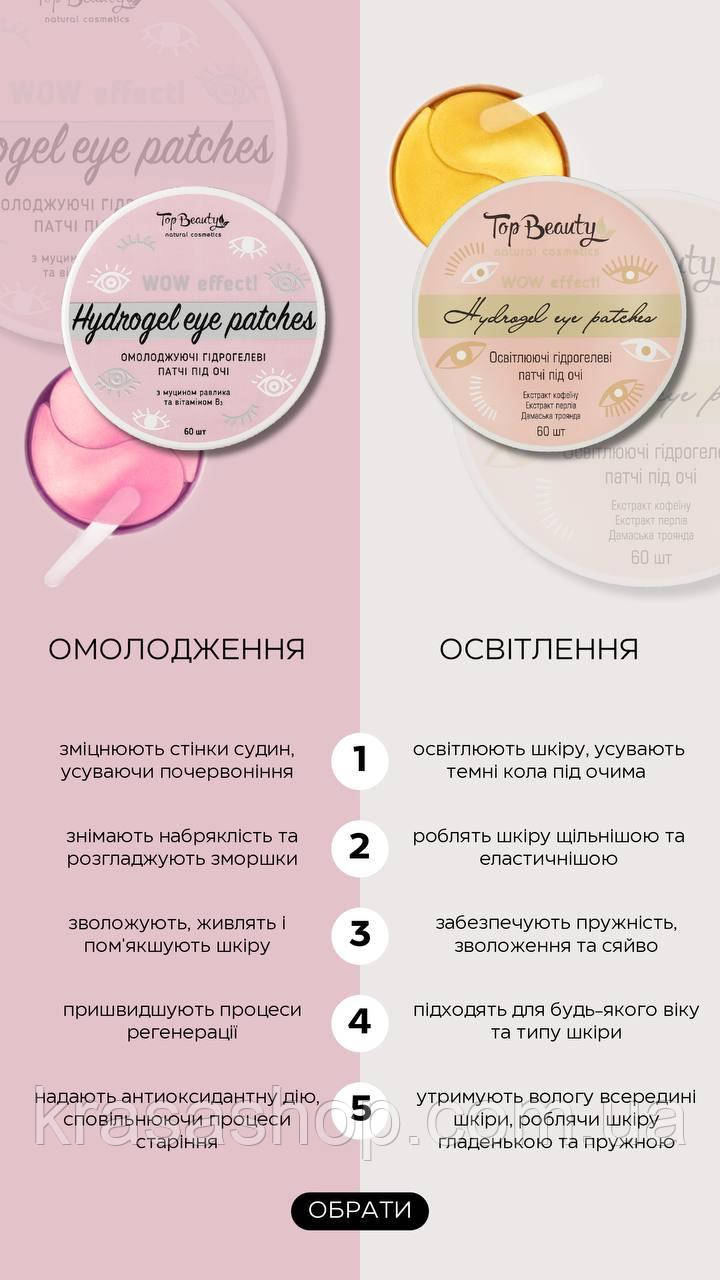 Патчі під очі  Top beauty  гідрогелеві омолоджуючі 60 шт