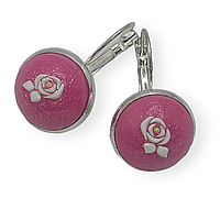 Сережки круглі з трояндочкою ручна робота рожеві