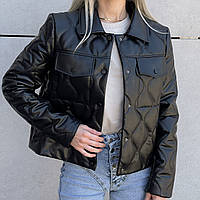 Женская куртка кожаная, экокожа бомбер, объемный фасон, втачной рукав, классический крой XS ( S M L ) Черная