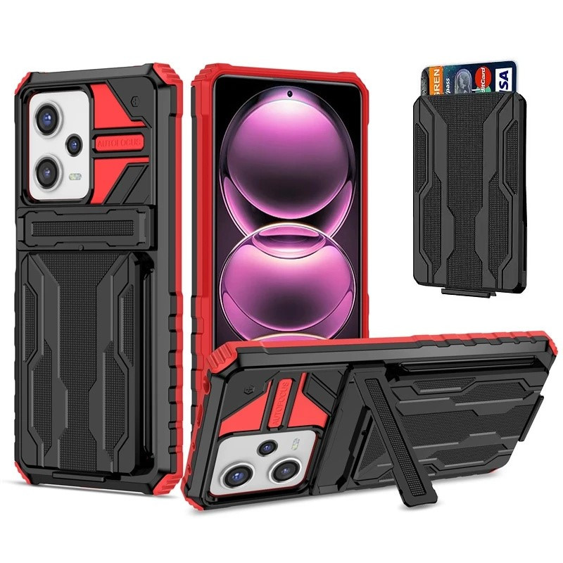 Протиударний чохол для Xiaomi Redmi Note 12 5G чорно-червоний з підставкою і слотом для карток