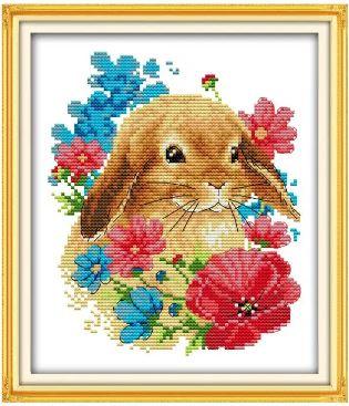 Набір для вишивання за нанесеною на канву схемою "Rabbit among Flowers". AIDA 14CT printed 21*26 см