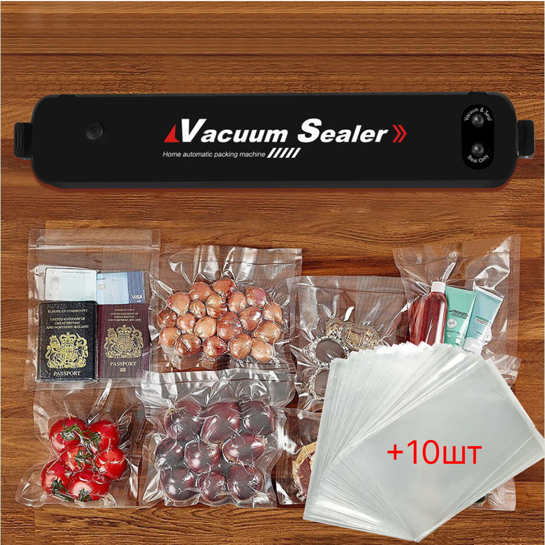 Вакууматор харчових продуктів + ПОДАРУНОК 10 пакетів, Vacuum Sealer, Чорний / Кухонний вакуумний пакувальник для дому