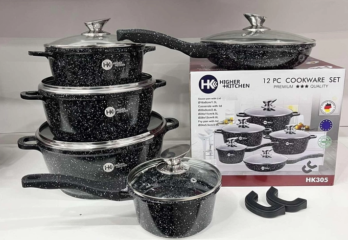 Набір кухонного посуду з гранітним антипригарним покриттям Higher Kitchen HK-305 Чорний/ Набір каструль, фото 1