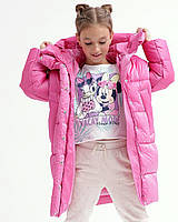 Стильный пуховик удлиненная зимняя куртка для девочек с капюшоном плащевка креш-лак розовая DT-8365-9