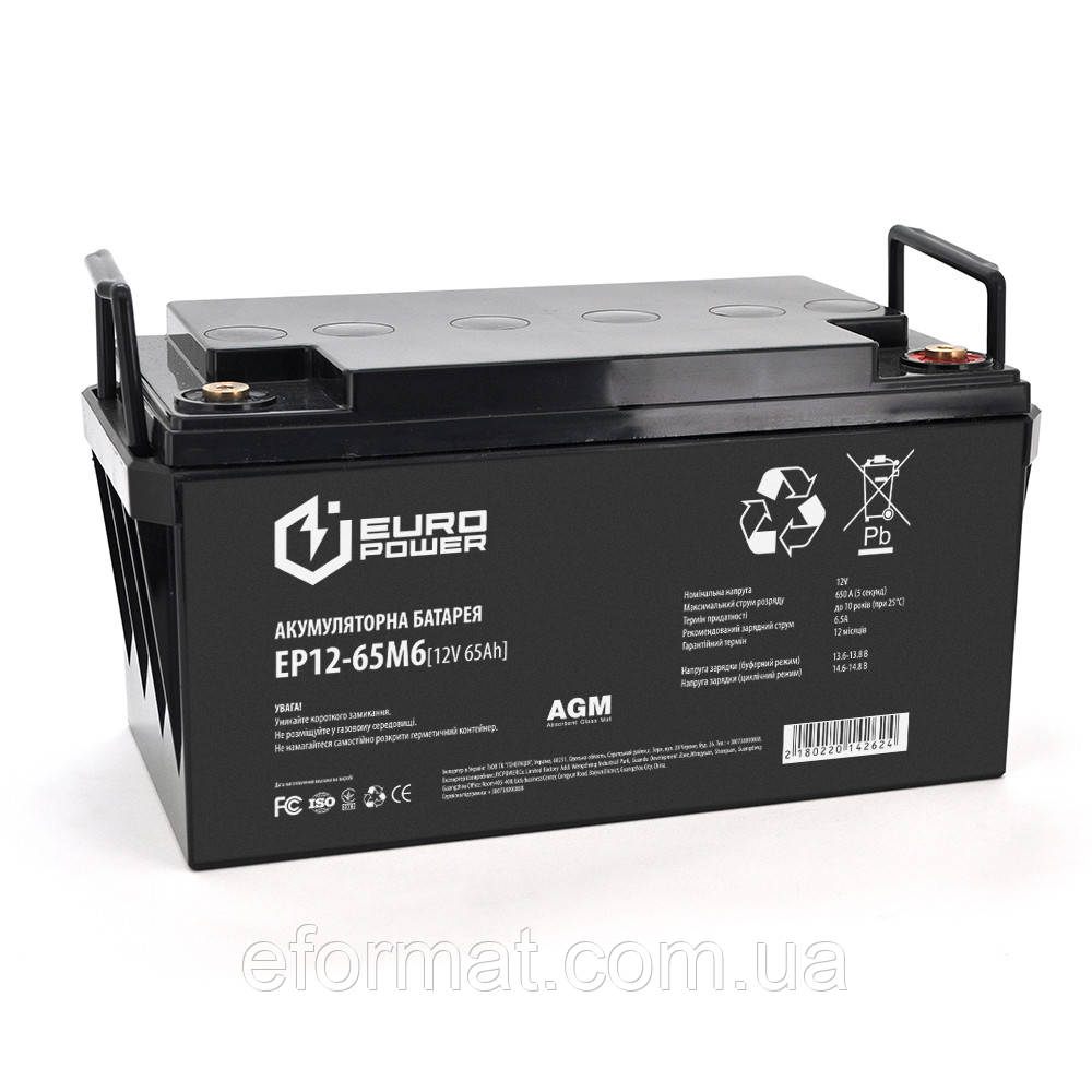 Акумуляторна батарея EUROPOWER AGM EP12-65M6 12 V 65 Ah ( 348 x 168 x 178) Black Q1/48