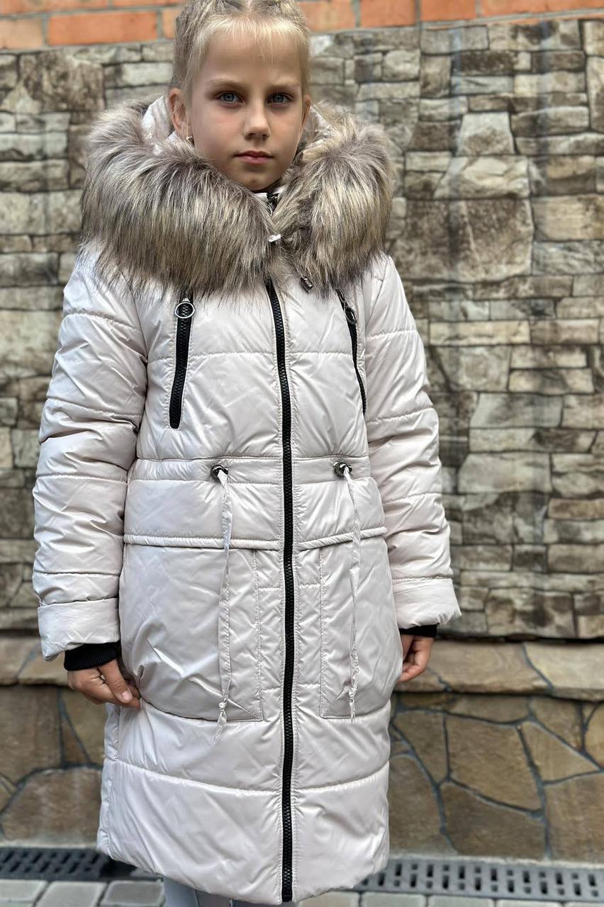 Зимняя детская куртка пальто с капюшоном и карманами для девочек подростков ( с 140 по 158 р) Молочный - фото 1 - id-p1942492542