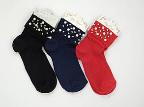 Жіночі середні шкарпетки Pier Lone відворот з перлинами, демісезонні якісні однотонні, розмір  35-40, 6 пар/уп. мікс кольорів