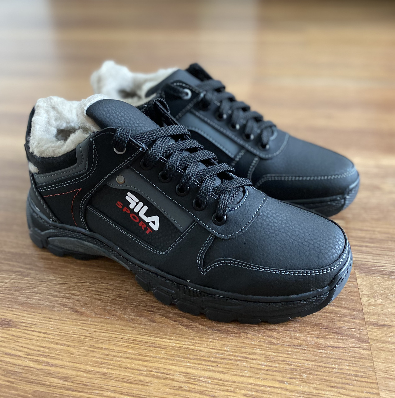 Чоловічі зимові кросівки чорні хутряні теплі прошиті львівські (код 5432)