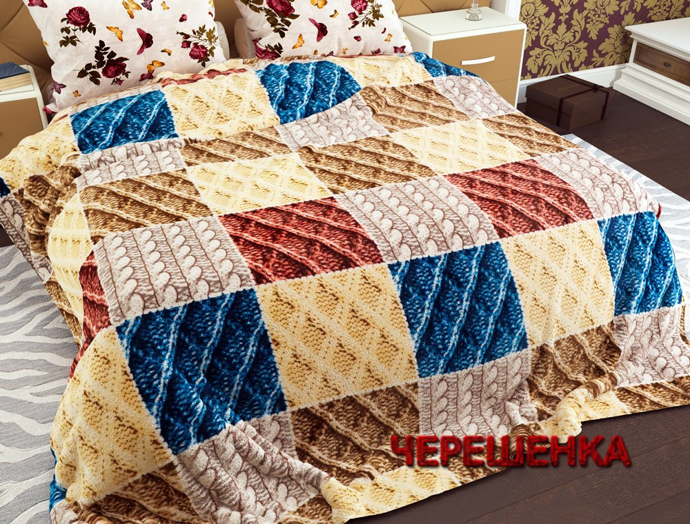 Євромаксі флісовий кольоровий плед покривало 215х140 велика клітинка на двоспальне ліжко