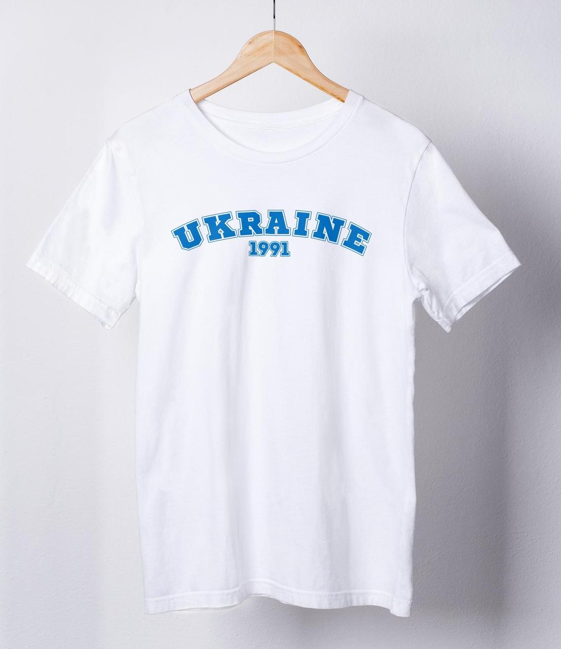 Футболка жіноча біла повсякденна однотонна з коротким рукавом патріотична UKRAINE 1991 для жінок F