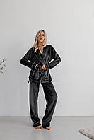 Тёплая зимняя велюровая плюшевая женская пижама кофта на запахи и брюки домашний костюм цвет черный