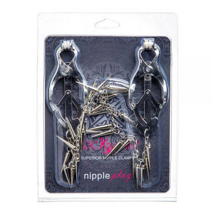 Затискачі на соски nipple play кабали Chain and Spike, Сріблястий, Регулюється, фото 3