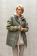 Куртка трансформер женская удлиненная демисезонная жилетка с отстегивающимися рукавами оливковая