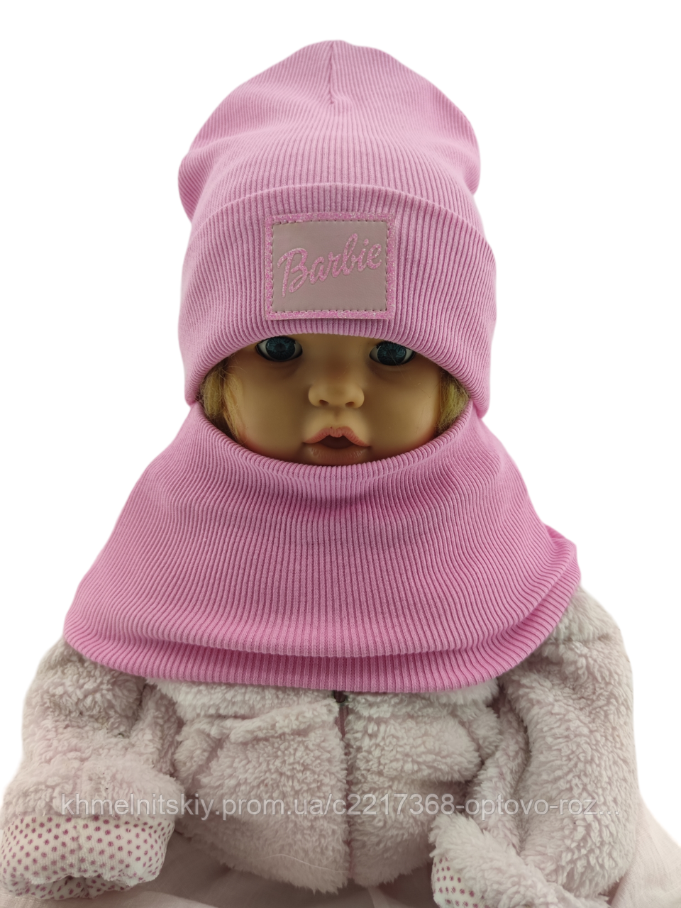 Шапка дитяча трикотажна подвійна демісезонна з хомутом дитячі головні убори рожевий (ШД442), фото 1