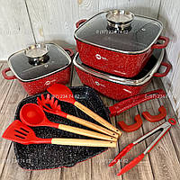 Набор квадратных кастрюль сковорода гриль + силиконовая утварь Higher Kitchen НК317 (14 предметов) Красный