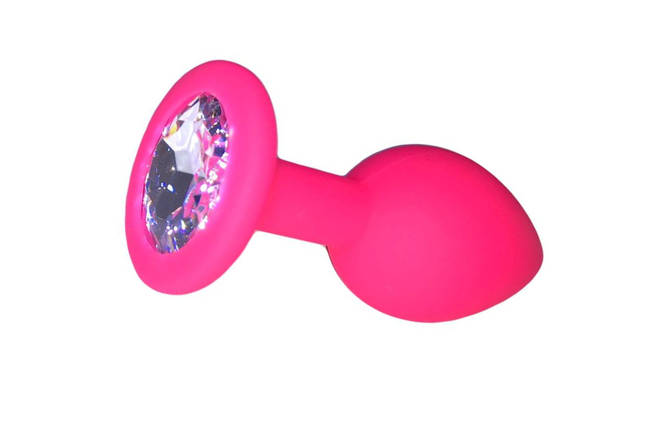 Анальна пробка рожевий силікон з білим каменем М, фото 1