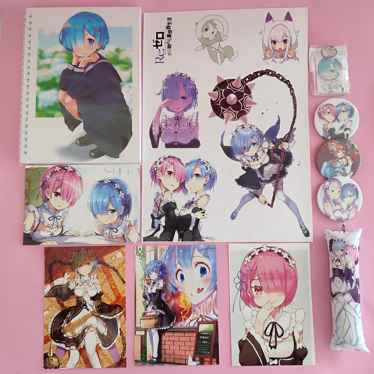 Набір "Re:Zero": скетчбук, значки, стікери А4 та А5, брелоки