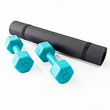 Набор для фитнеса 2в1 коврик для фитнеса и спорта (каремат) + гантели 2шт по 2 кг OSPORT Set 4 (n-0035) Бірюзовий, фото 2