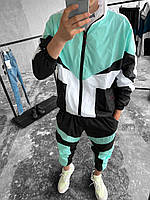 Мужской спортивный костюм из плащевки Ветровка + Штаны черный с бирюзовым весенний осенний