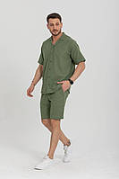 Мужской костюм льняной комплект мужской зеленый рубашка и шорты Sensey Чоловічий костюм лляний комплект