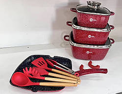 Набір каструль + сковорода гриль Higher Kitchen НК 317 Набір з гранітним покриттям 14 предметів Червоний