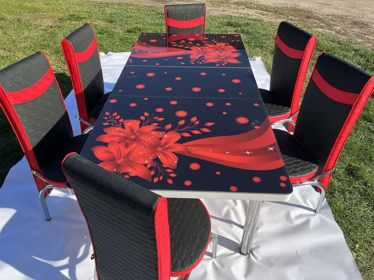 Обідній комплект, кухонний стіл і 4 стільці, червоний ніжки хром 110 см