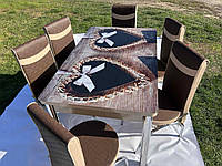Обеденный комплект Турция, кухонный стол и 6 стульев, коричневый с рисунком сердца
