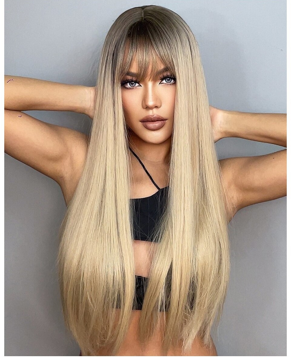 Перука блонд із чубчиком, перука довга пряма, фото 1