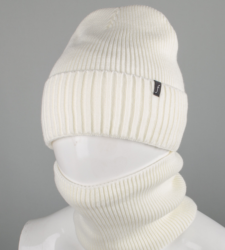 Комплект шапка-резинка з відворотом на флісі + Баф на філсі (230701), Молочний, фото 1