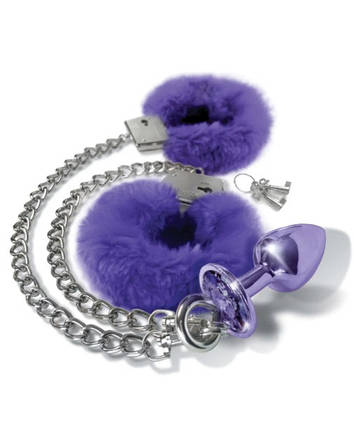 Набір Global Novelties NIXIE METAL BUTT PLUG& FURRY HANDCUFF SET, MEDIUM, PURPLE METALLIC, фото 1