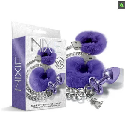 Набір Global Novelties NIXIE METAL BUTT PLUG& FURRY HANDCUFF SET, MEDIUM, PURPLE METALLIC, фото 2
