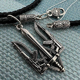 Чоловічий комплект шовковий шнурок та Герб України 925 проба чорніння