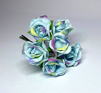 Троянда двокольорова / ціна за букетик - 6 квіток / штучні квіти / блакитний