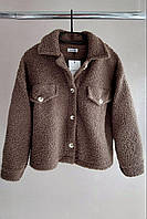 Теплая укороченная уютная куртка-рубашка из мягкой овчины Тедди шоколадного оттенка