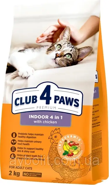 Повнораціонний сухий корм для дорослих кішок Club 4 Paws Преміум для кішок, що живуть у приміщенні "4 в 1" 2 кг