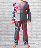 Байкова чоловіча піжама сіра картата, теплий домашній костюм чоловічий із начосом