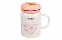 Чашка белая с сердцем и облаками для напитков керамическая 450 мл.,розовая кружка Сердце с крышкой из кера 23